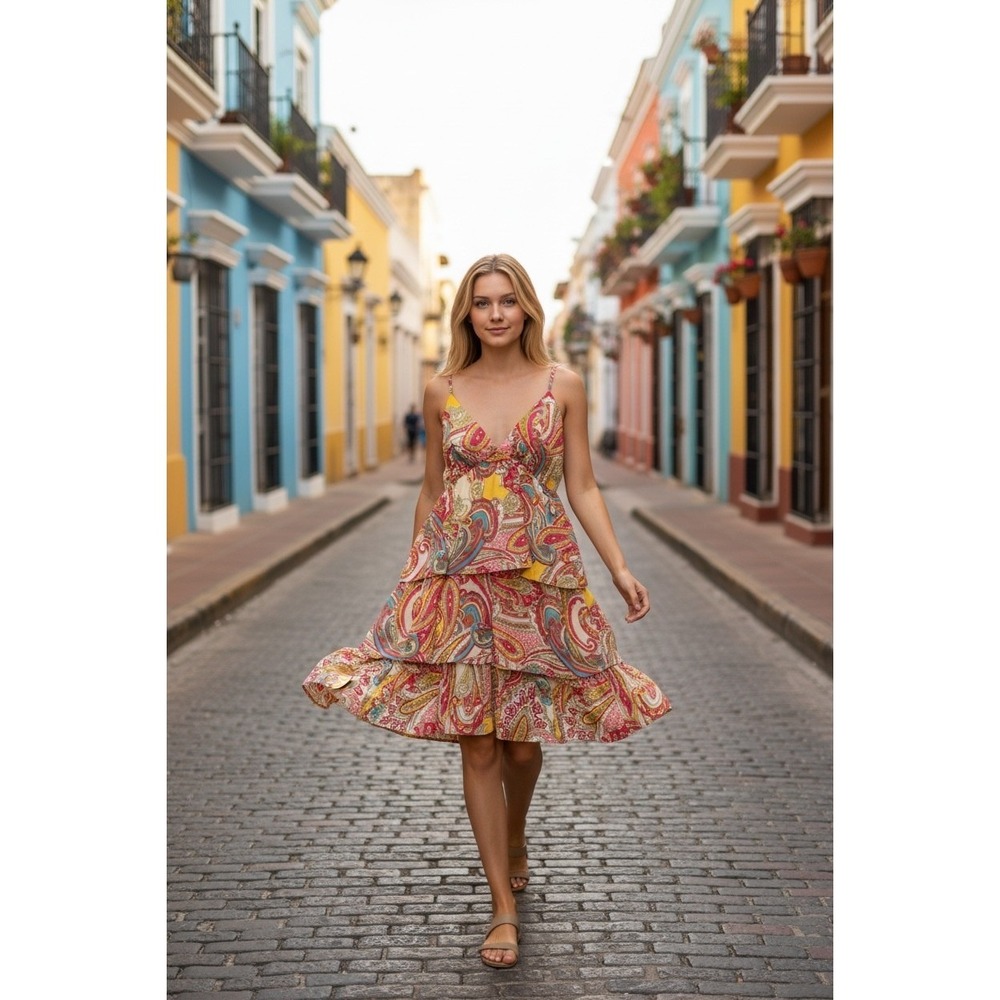 Flying Tomato Paisley Mini Dress Womens Small Pink Yellow Tiered Boho Festival